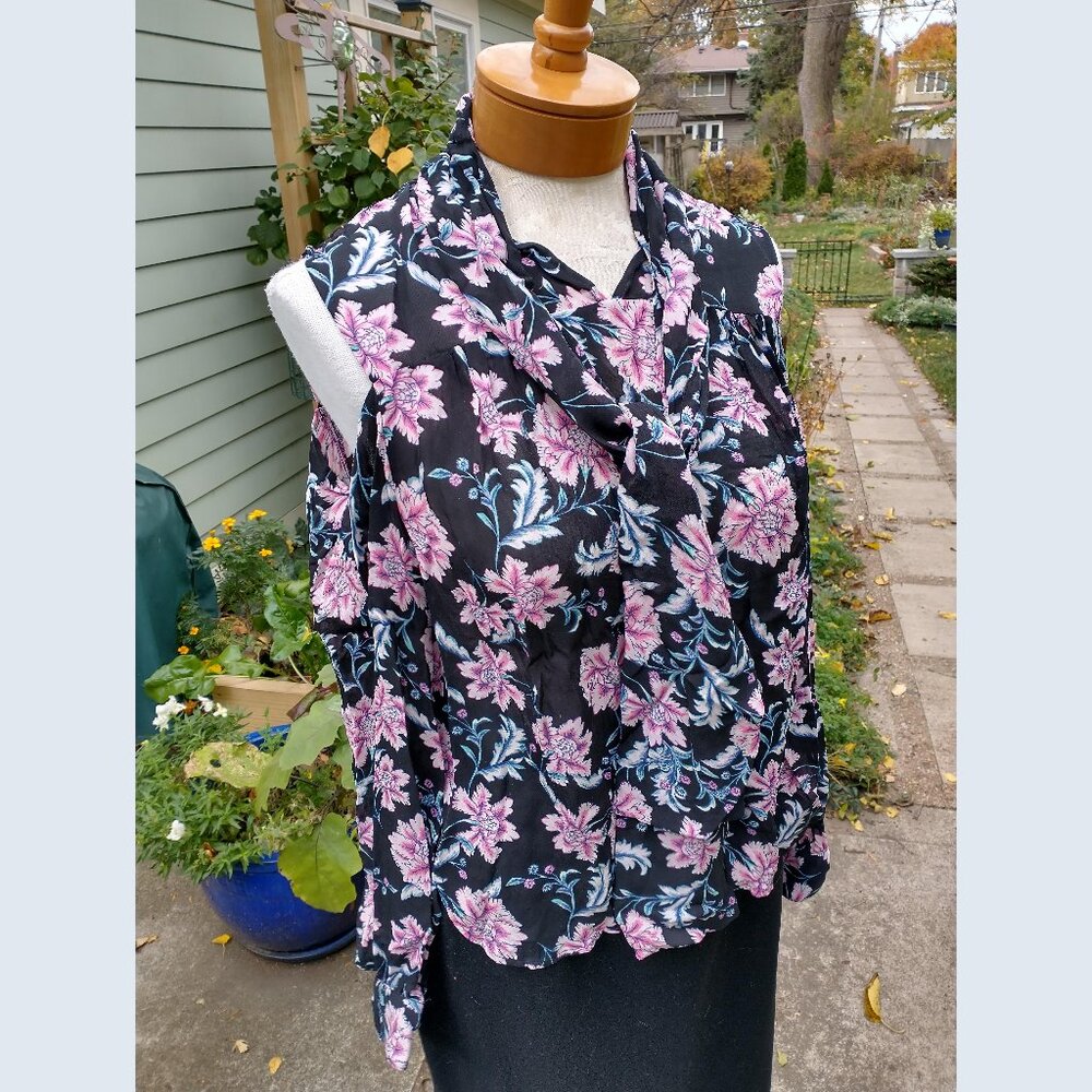 Top: Silk, black/pink, floral, attached bow. Size large - by Saks Fifth Ave